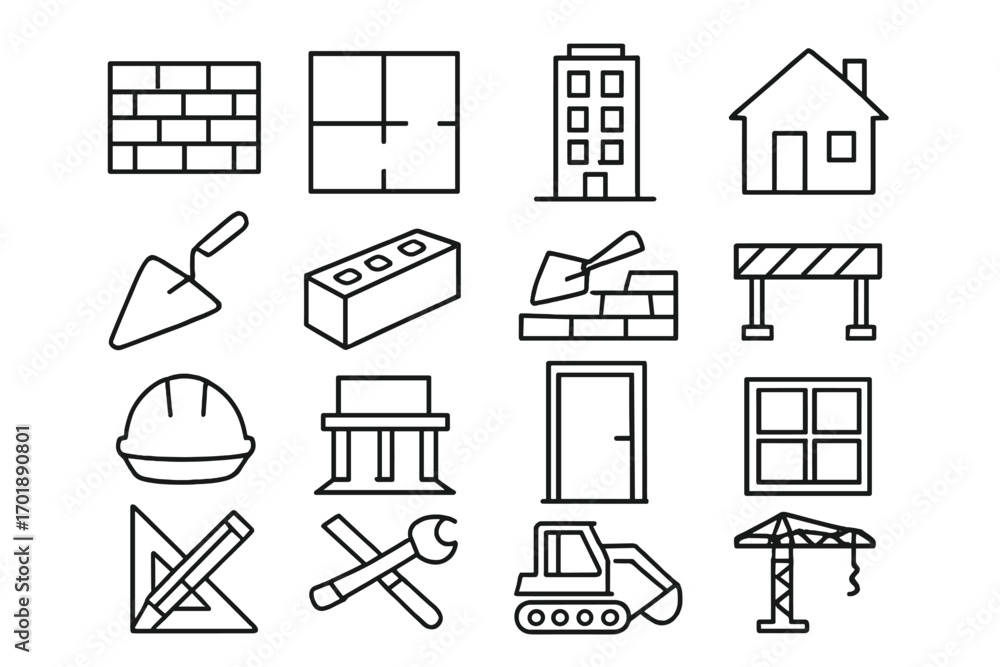 Poster construction and building line icon set. vector outline symbols for architecture, engineering, and r