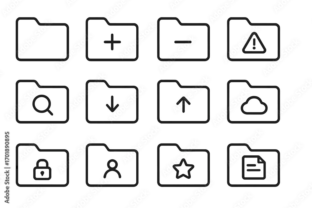 Poster folder line icon set. file management and data storage symbols. ui ux outline pictograms for web and