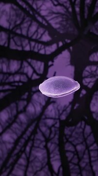 Microscopic view of paramecium aurelia, a single celled ciliate protozoan, navigating a network of blood vessels, creating a surreal and otherworldly scene in shades of purple