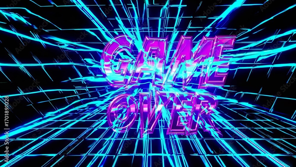 Fototapete game over text animation. a digital neon game over blue neon. retro retro text on the grid of a retr