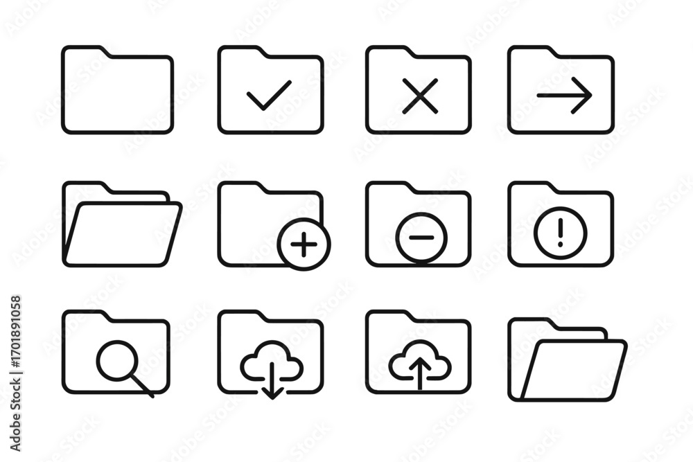 Poster folder line icon set for web and mobile apps. file management, data storage symbols. includes add, d