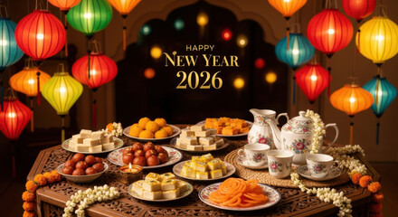 Happy New Year 2026 celebration with Indian sweets tea set and colorful lanterns image