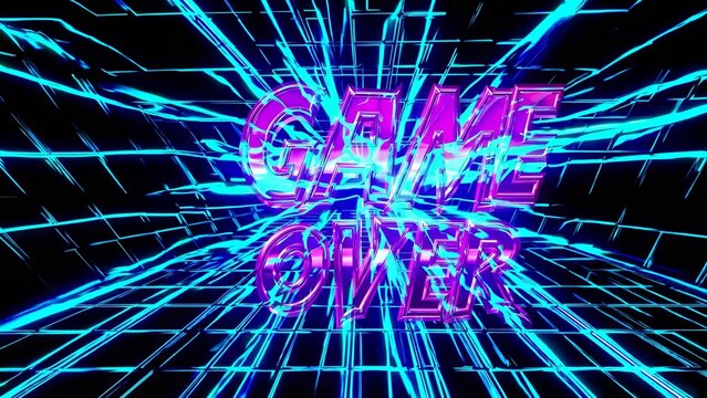 Game over text animation. A digital neon game over blue neon. Retro retro text on the grid of a retro arcade. End of game text animation lifestyle.