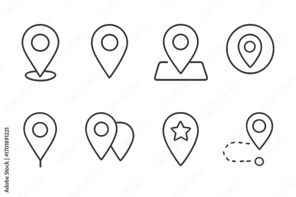 Aufkleber vector map pin and location marker line icon set for navigation and destination. gps pointer, route,
