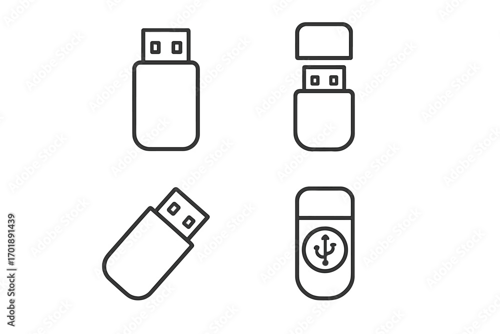 Aufkleber set of usb flash drive icons in a modern outline vector style. memory stick, pen drive concept. digi