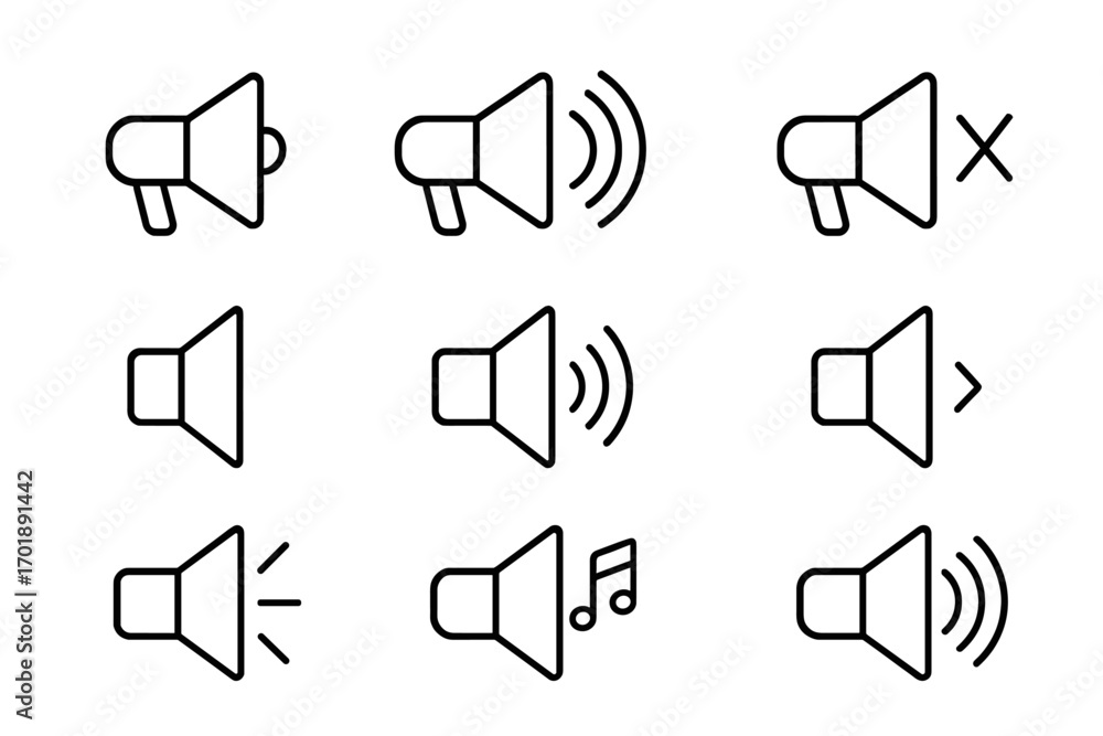 Poster megaphone and speaker line icon set for web and graphic design. vector outline signs for volume cont