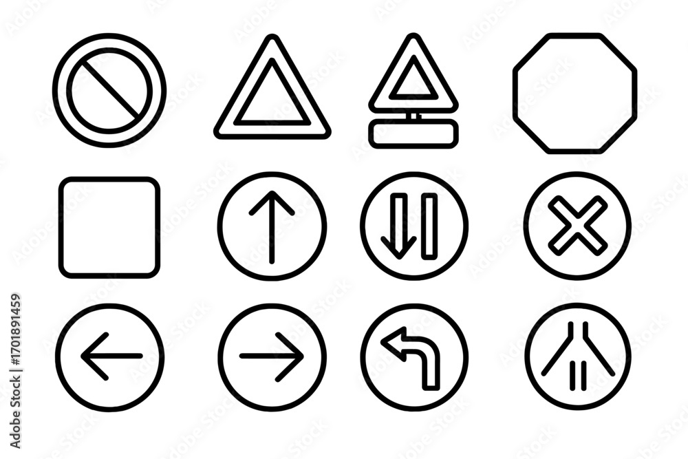 Poster road sign line icon set. traffic control and direction symbols. vector outline pictogram collection 
