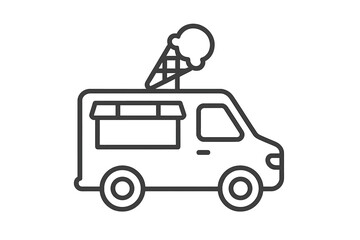 Obraz premium Ice cream truck outline icon. Mobile food van for street food, sweet dessert delivery. Summer festival vehicle symbol. Minimalistic linear vector illustration for design.