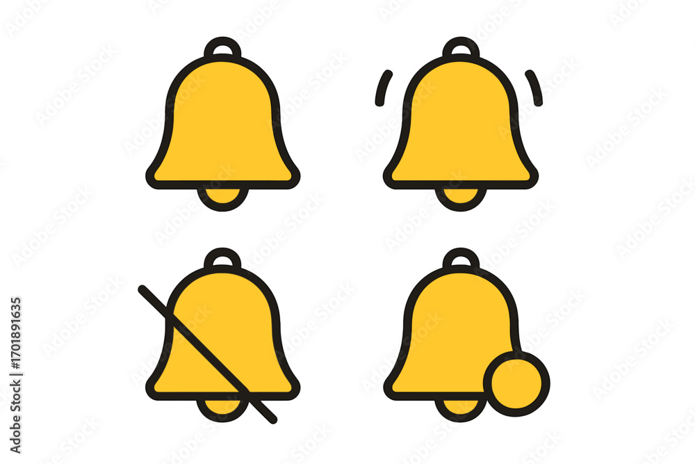 Aufkleber yellow notification bell vector icon set. alert, reminder, subscribe button for web and mobile app u