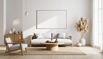 Boho Style Living Room Interior with Empty Wall Mockup – 3D Illustration for Artwork or Branding