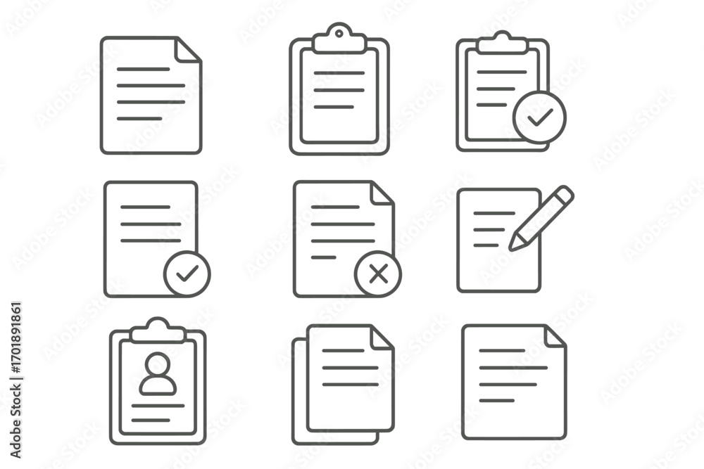 Aufkleber document and clipboard line icon set. file, checklist, application form, and task management vector 