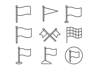 Flag icon set. Thin line art collection of banners, pennants, and checkered flags. Vector symbols for location marker, goal, start, finish, or navigation signs.