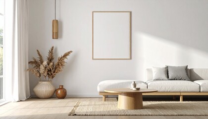 Boho Style Living Room Interior with Empty Wall Mockup – 3D Illustration for Artwork or Branding
