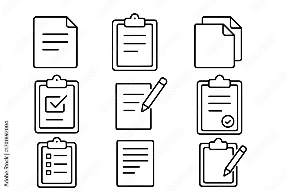 Aufkleber document icon set. clipboard, checklist, and form outline icons. vector line art for tasks, reports,