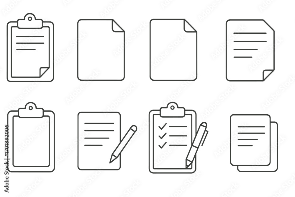 Poster document icon set. clipboard, checklist, report and form vector signs. paper file, note and task lis