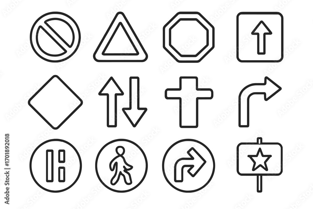 Poster road sign line icon set. traffic signs and symbols collection. vector outline pictogram for web and 