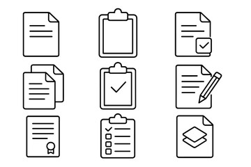 Document and clipboard outline icon set. Thin line vector symbols for office paperwork. File, checklist, edit, approve, copy, certificate, contract icons for web design.