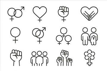 Vector line icon set of gender, feminism, and solidarity symbols. Female empowerment, equality protest, and love signs. Woman power, LGBTQ, and community concept icons.