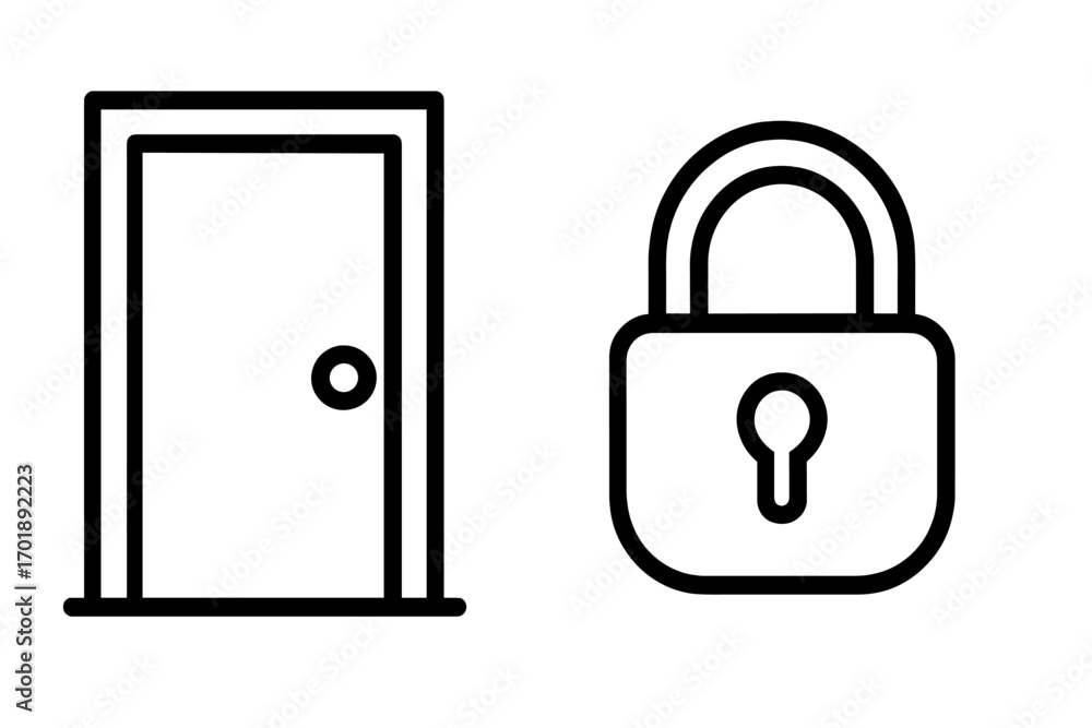 Poster door and padlock outline icon set. security, safety, and privacy concept. simple vector line art for