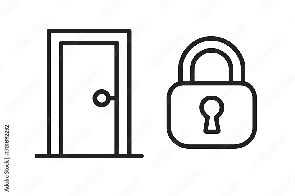 Poster security and access line icon set with door and padlock. concept of safety, privacy, and protection.