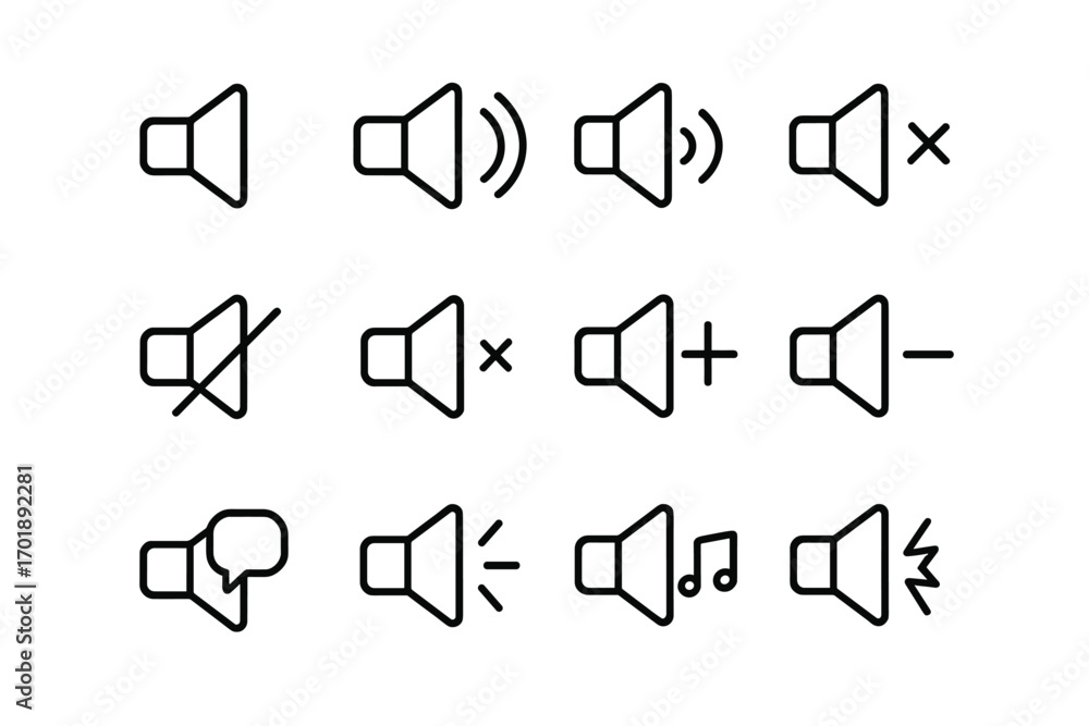 Aufkleber speaker line icon set. ui elements for web and mobile. loudspeaker, volume control, mute, sound on, 