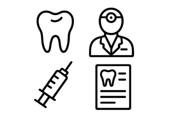 Dentist and dental care line icon set. Tooth, doctor, syringe, prescription vector symbols. Oral hygiene, stomatology, medicine, and healthcare concept illustration isolated.