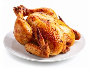 A delicious whole roasted chicken with crispy golden-brown skin, served on a white plate and isolated on a clean white background