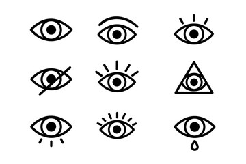 Eye line icon set. Vision, see, sight symbols. Outline pictogram collection for web, apps. Vector illustration includes all-seeing eye, crying tear, and blind concept.