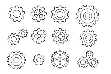 Gear and cogwheel thin line icon set. Vector pictogram of machine parts. Concept mechanism, engineering, process, settings, teamwork, connection, industrial, development.