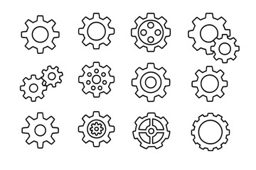 Gear and cogwheel line icon set. Collection of gears for settings, mechanism, and engineering concepts. Editable stroke vector for web, UI, and app design. Teamwork.