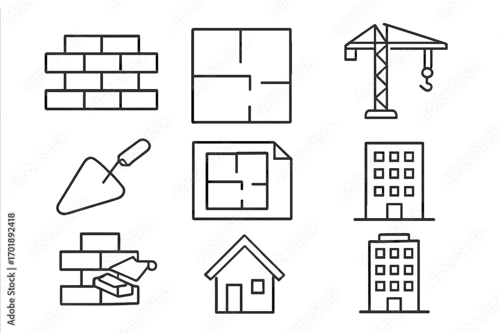 Poster construction line icon set with building and architecture symbols. vector outline graphic for real e