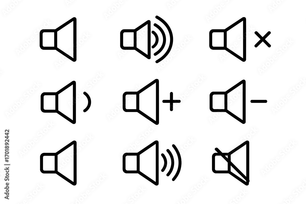 Aufkleber speaker volume line icon set. sound on, off, up, down and mute buttons. loudspeaker outline symbol c