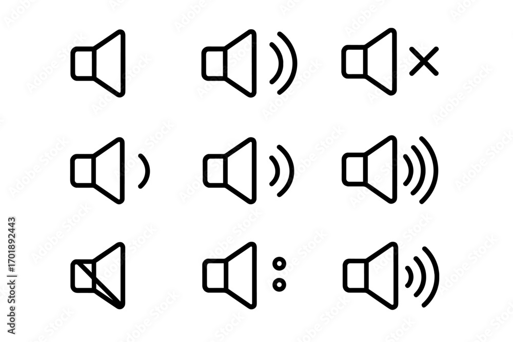 Poster speaker volume line icon set. sound on, off, and mute button collection. vector outline audio signs 