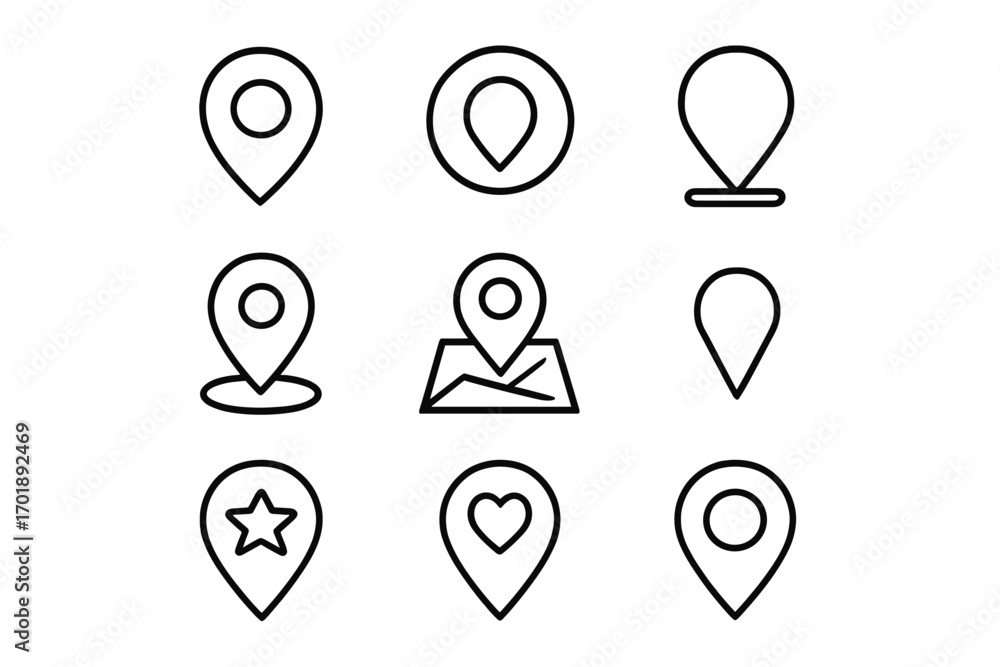 Poster map pin line icon set. location pointer marker symbol for navigation and destination. gps sign colle