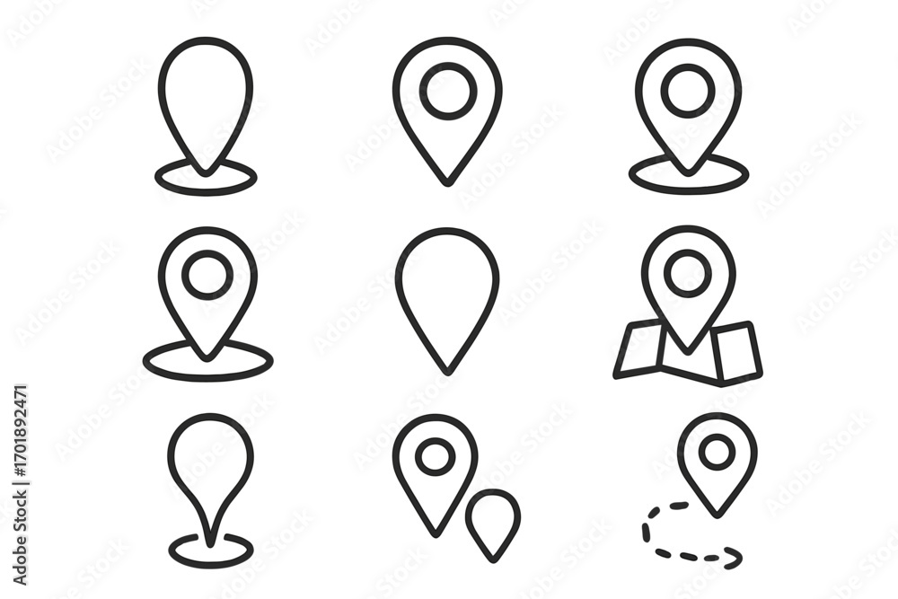 Poster map pin line icon set. location marker collection for navigation and gps. simple outline pointers fo