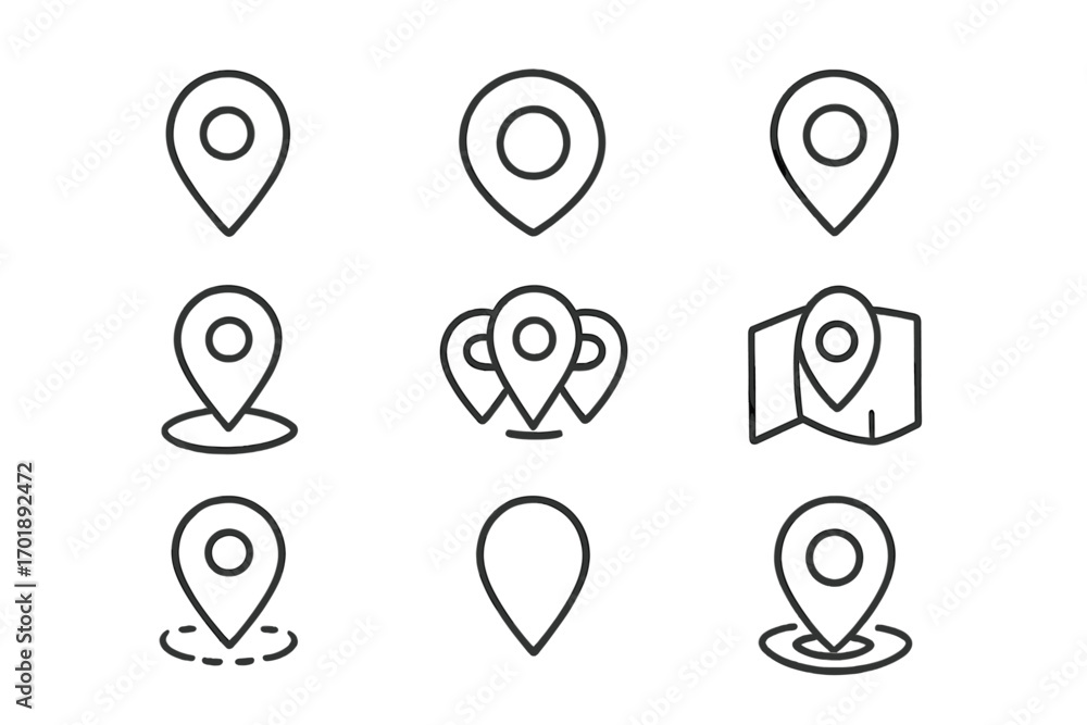 Poster map pin line icon set bundle. location marker and gps navigation symbols. pointer for destination, a