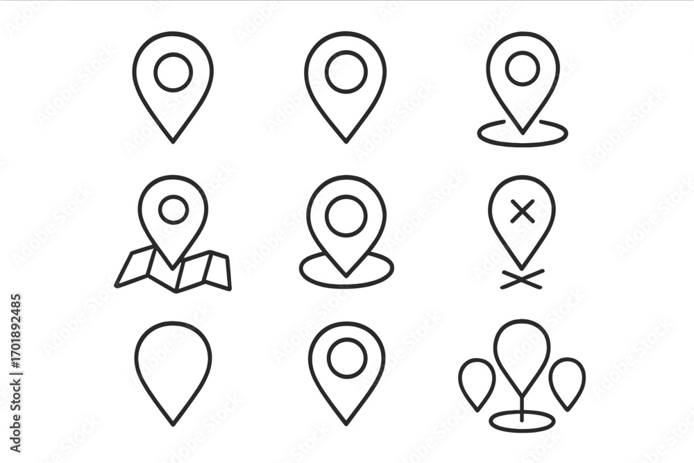Poster map pin line icon set. location pointer marker bundle for web design, apps. vector outline navigatio