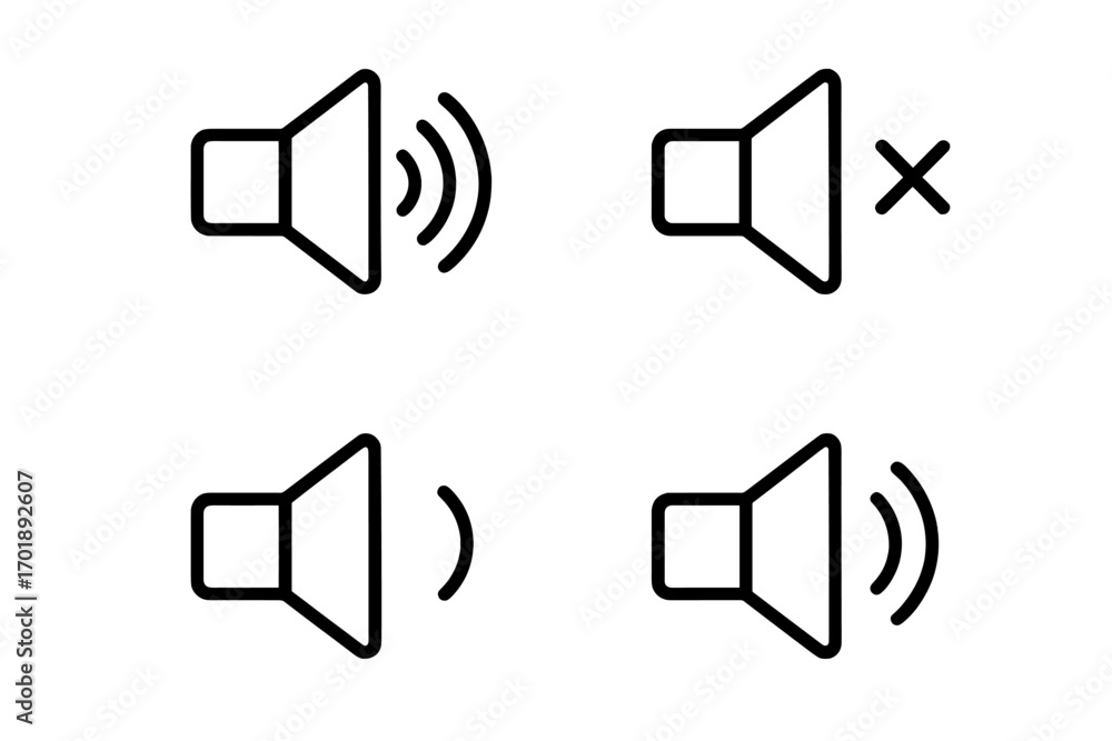 Aufkleber speaker volume control icon set. modern outline style sound on, off, mute and audio level symbols fo