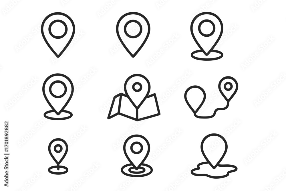 Poster map pin line icon set. location marker, gps navigation symbol, and destination pointer. vector outli