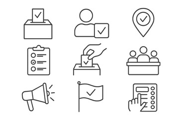 Election and voting thin line icon set. Politics, democracy, vote concept. Ballot box, poll, checklist, candidate pictogram collection for web, app, infographics. Vector.