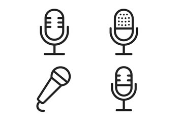 Microphone line icon pack. Vector outline illustration set for audio record, podcast, broadcast, voice, and sound. Simple minimal mic symbol for web, app, and UI design.