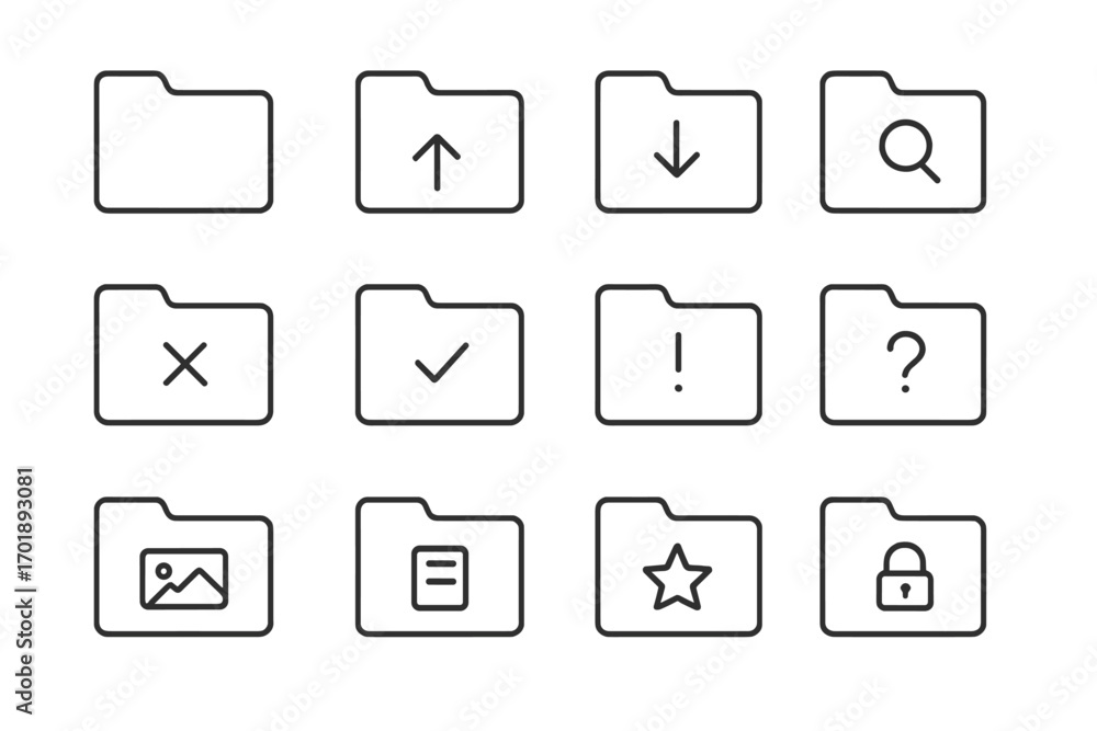 Poster folder line icon set. file and document management outline icons for ui and ux design. vector signs 