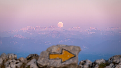 Moonrise Over the Alps at Sunset with Rocky Foreground