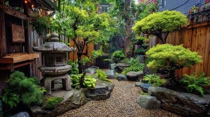 Fototapeta premium Tranquil Japanese Zen Garden with Lantern, Rocks, and Lush Greenery Surrounded by Natural Beauty and Serenity for Relaxation