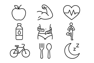 Healthy lifestyle fitness wellness icons. Health diet sport food sleep yoga weight loss concept. Vector thin line icon set for app web. Apple heart bike water nutrition symbol.