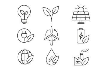 Green energy icon set. Thin line art of renewable power symbols. Eco friendly technology concepts for web and apps. Sustainable resources vector illustration collection.