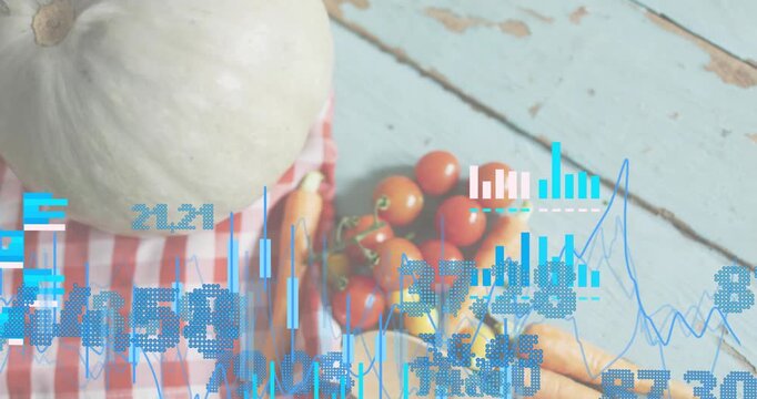 Bars appearing growing into charts over pumpkin carrots and tomatoes visualizing produce metrics