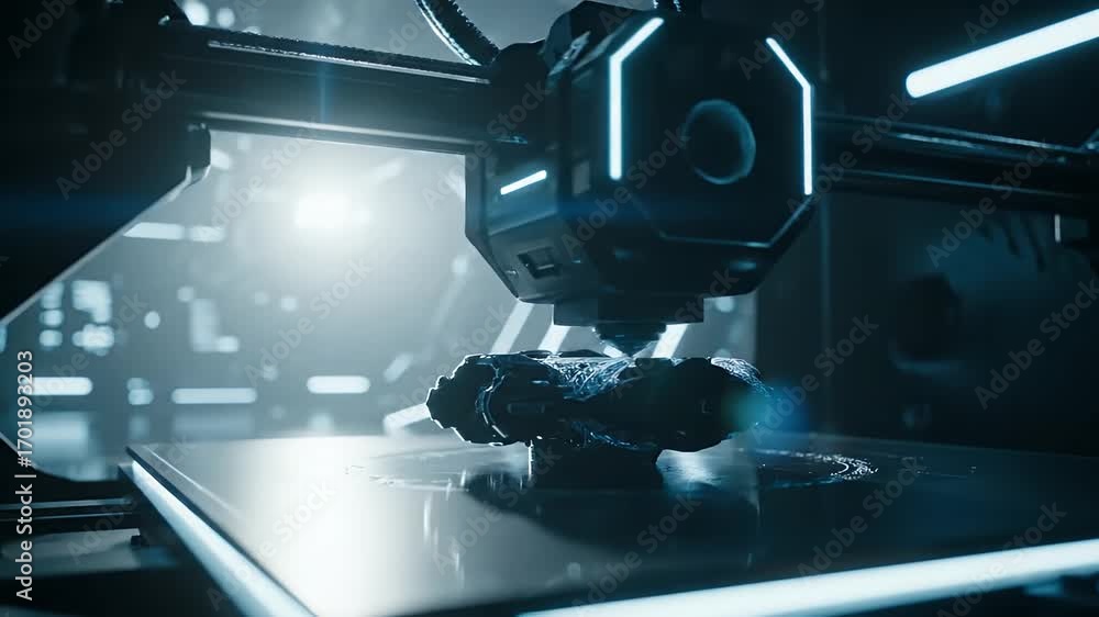 Poster future of creation: a close-up view of a 3d printer in action, meticulously crafting a futuristic de