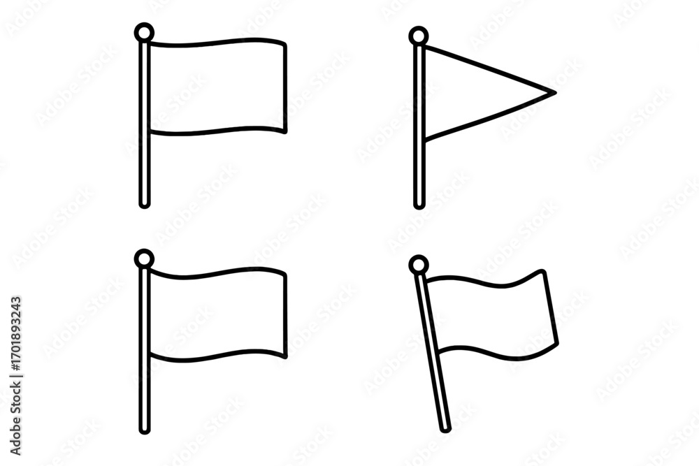 Poster collection of flag icons. thin line art vector graphic. waving flag and pennant symbol for location 