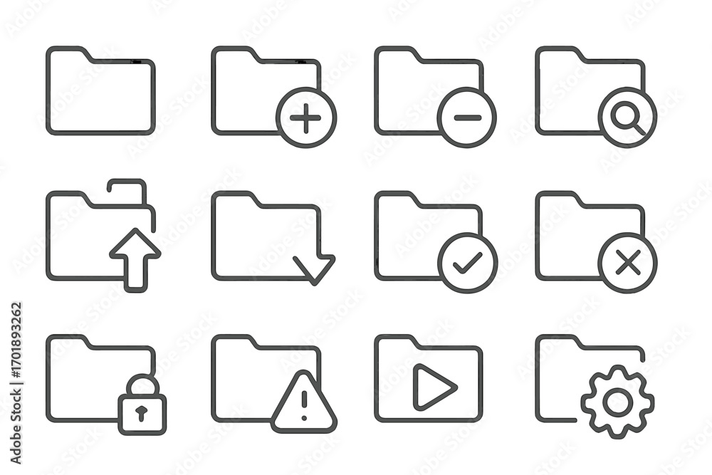 Poster computer folder line icon set for ui and web design. vector file management symbols like add, delete